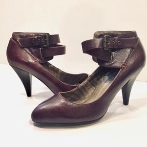 Anthropologie + Farylrobin Leather Burgundy Mary Jane Ankle Cuff Heels 7